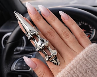 Silver Claw Armor Ring – Punk Gothic Statement Jewelry, Long Nail Design