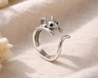 Adjustable Silver Mouse Wrap Ring, Minimalist Animal Jewelry