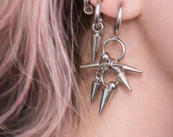 3 Set Goth Spike Hoop Earrings, Punk Chain Dangle Charm Jewelry
