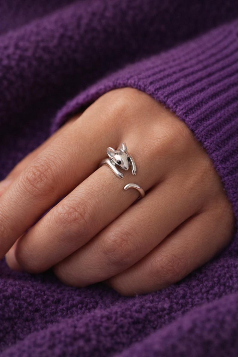 Pu&ograve; includere: Un anello color argento a forma di topo, con la testa e le braccia del topo che avvolgono il dito. L'anello ha occhi neri e una coda ricurva. L'anello &egrave; mostrato su una mano, su uno sfondo viola.