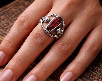 Gothic Skeleton Coffin Ring | Red Gemstone Dark Academia Jewelry