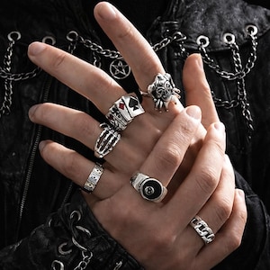 Y2K Gothic Ring Set, Silver Punk Rings, Skull Spider 8 Ball Jewelry