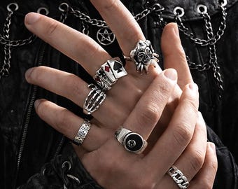 Y2K Gothic Ring Set, Silver Punk Rings, Skull Spider 8 Ball Jewelry