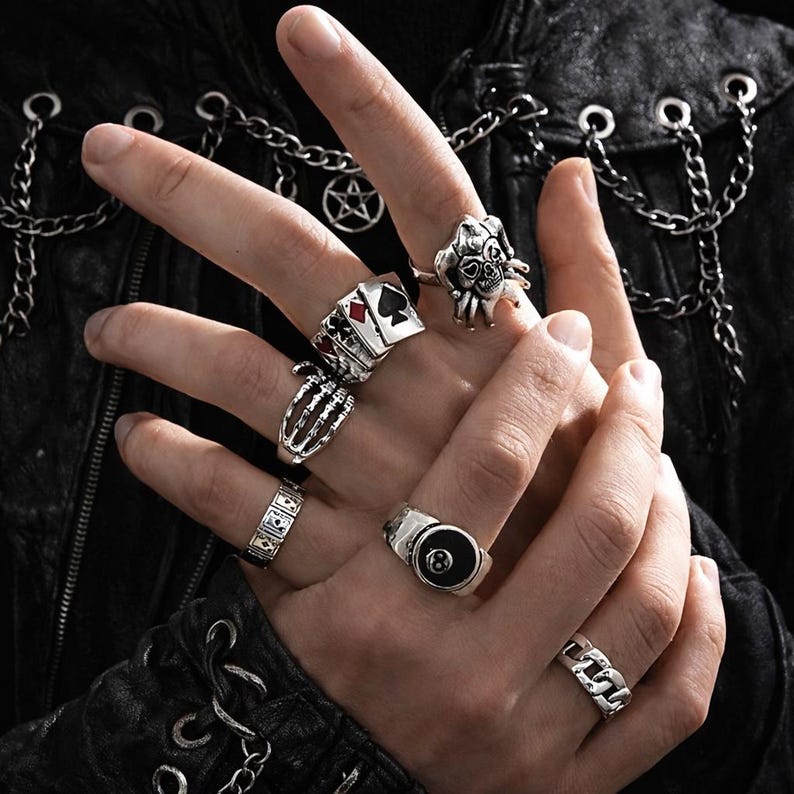 Y2K gotische ringset, zilveren punkringen, schedelspin 8-ball sieraden afbeelding 1