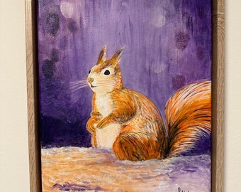 Acrylic painting mini: 30 x 40 cm - Squirrel in the purple forest 24 including shadow gap frame