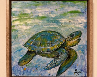 Acrylgemälde Mini: 30cm x 30cm - schwimmende Schildkröte 24 inkl. Schattenfugenrahmen