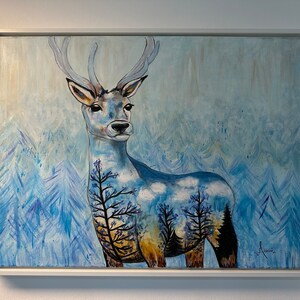 Acrylic painting 60 x 80 cm - Blue Deer including shadow gap frame