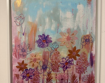 Acrylic painting 40 x 50 cm - Shiny flowers in modern Peach 22 including shadow gap frame