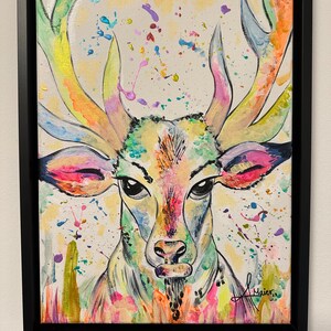Acrylic painting mini: 30 x 40 cm - Neon Deer 22 including shadow gap frame