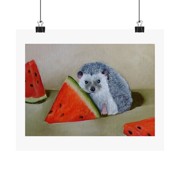 Cute baby hedgehog original oil painting print, adorable hedgehog fine art poster