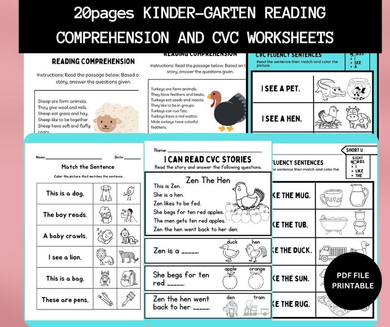 Reading Comprehension and CVC Printable Kindergarten First Grade ...