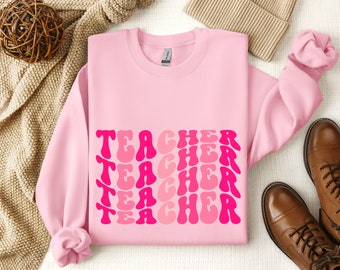 Groovy Hot Pink Teacher Sweatshirt for School Teacher Crewneck, Trendy Teacher Appreciation,  Teacher Sweater, Teacher Pullover Long Sleeve