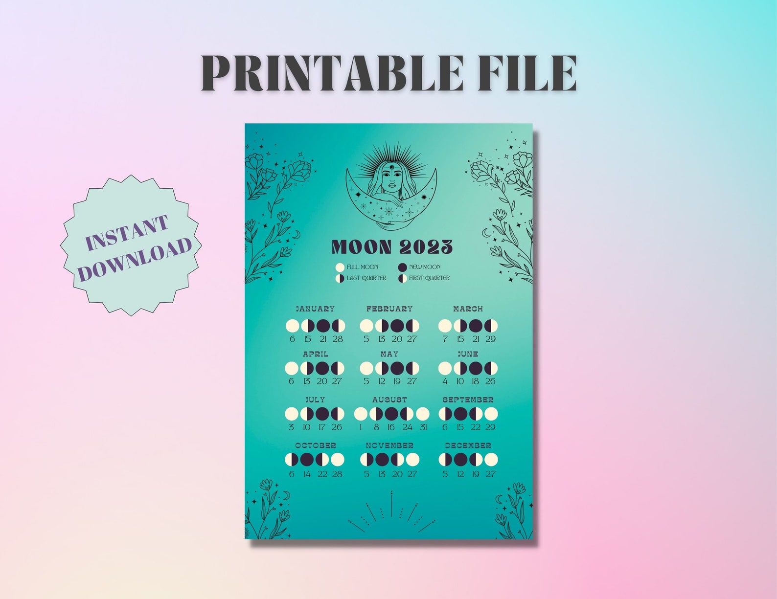 2023 Lunar Calendar Printable Moon Phase Calendar Celestial - Etsy UK