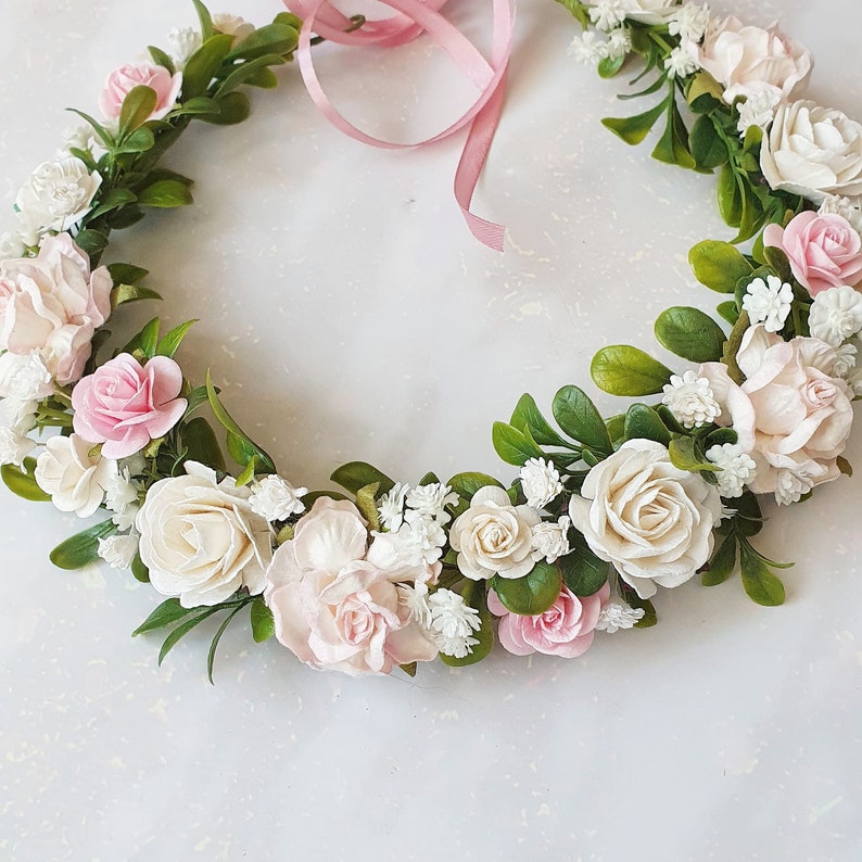 Blush bridal boho crown Soft pink flower girl crown Blush white flower headband Pastel color hairpiece image 2
