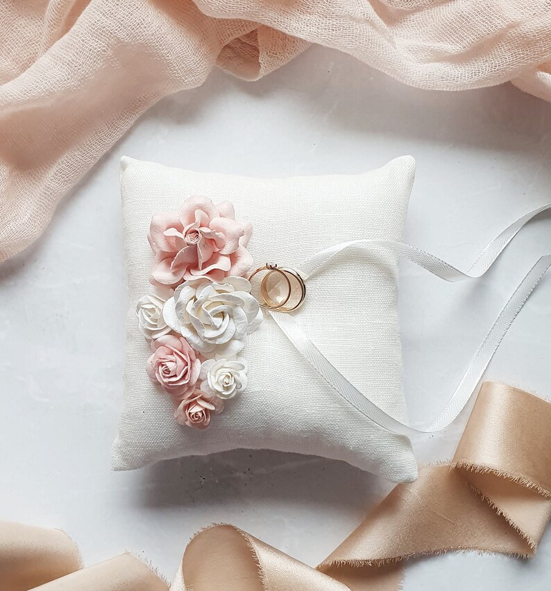 Blush ring pillow wedding Blush pink boho ring holder Bearer pillow Linen ring holder Rustic engagement box image 2