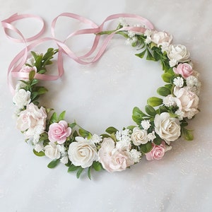 Blush bridal boho crown Soft pink flower girl crown Blush white flower headband Pastel color hairpiece image 1