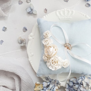 Blue wedding ring pillow Natural linen flower ring holder Bearer pillow Ring cushion Bearer pillow Engagement box image 1