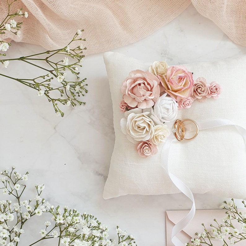 Ring pillow wedding Blush pink boho ring holder Classic bearer pillow Linen ring holder Rustic engagement box Outdoor wedding accessories image 3