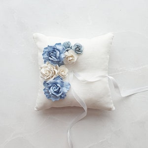 Wedding ring pillow Dusty blue ring holder Bearer pillow Linen ring holder Boho engagement box Wedding flower accessories image 1