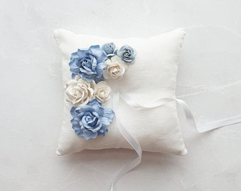 Wedding ring pillow Dusty blue ring holder Bearer pillow Linen ring holder Boho engagement box Wedding flower accessories