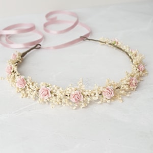 Dried baby breath floral crown Wedding thin flower halo Baby breath headband Blush dainty hair wreath Bridesmaid flower girl headpiece
