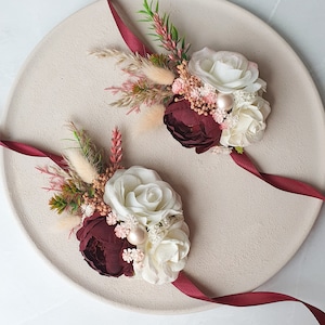 Burgundy wedding corsage Fall bridesmaid bracelet Flower wrist corsage Autumn bracelet with ribbon Fall accessories Bridesmaid gift