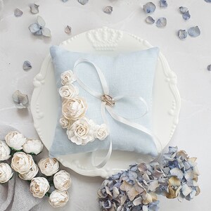 Blue wedding ring pillow Natural linen flower ring holder Bearer pillow Ring cushion Bearer pillow Engagement box image 3