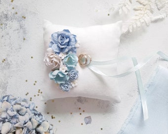 Blue wedding ring hoder Dusty blue ring rillow Bearer pillow Linen ring holder Boho engagement box