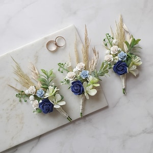 White blue navy boutonniere Boutonniere for the groom Boho groom flowers Dusty blue wedding buttonhole Prom flowers Wedding gift