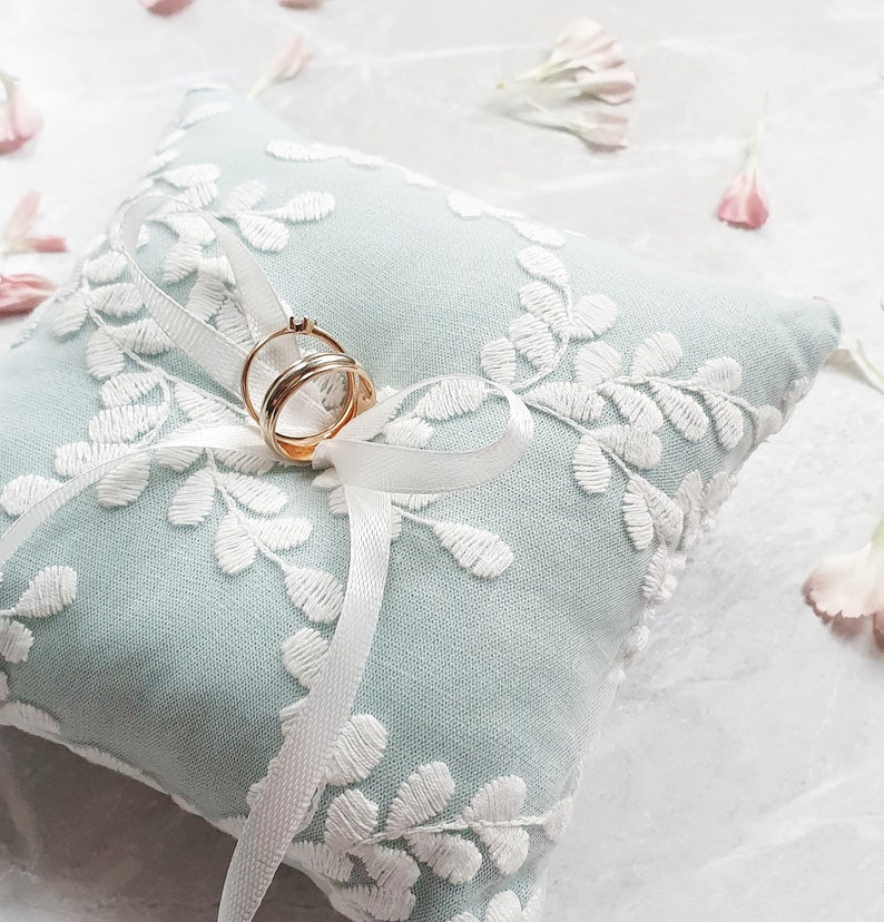 Sage greenery wedding ring pillow Bearer pillow Classic ring holder Engagement box Soft mint ring pillow image 3