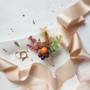 Dusty pink orange boutonniere Boho wedding groom flowers Burgundy eucalyptus woodland wedding buttonhole