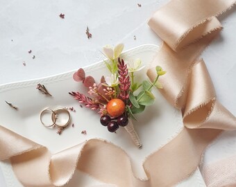 Dusty pink orange boutonniere Boho wedding groom flowers Burgundy eucalyptus woodland wedding buttonhole
