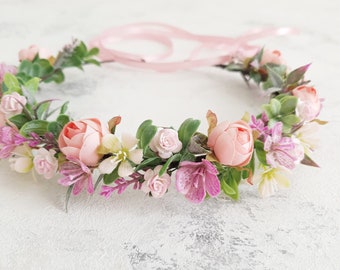 Blush purple sage green flower crown Lavender pale pink headpiece Lilac floral halo