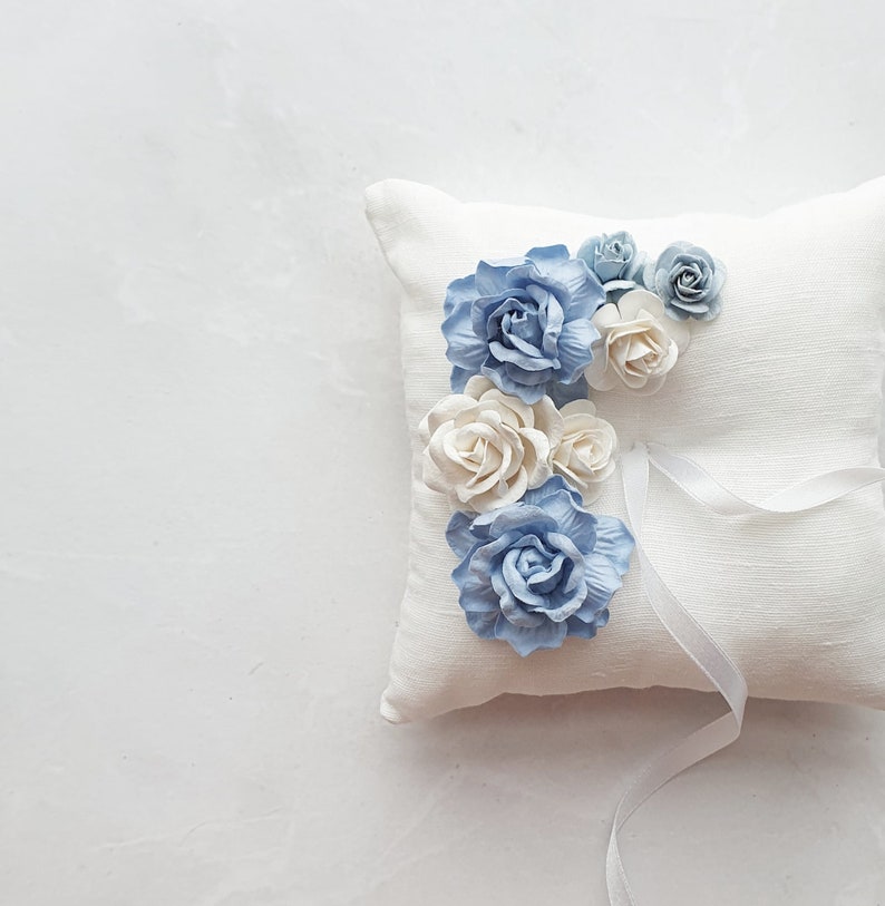 Wedding ring pillow Dusty blue ring holder Bearer pillow Linen ring holder Boho engagement box Wedding flower accessories image 2