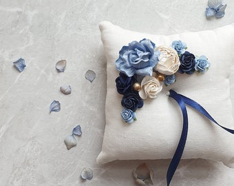 Navy ring pillow wedding Navy blue fall boho bearer pillow Linen ring holder Rustic engagement box Outdoor wedding accessories