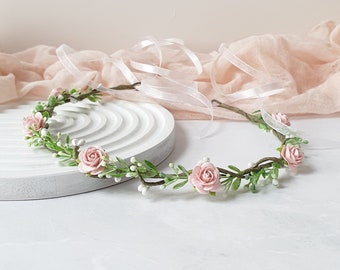 Boho Blumenkrone Braut rosa grün Kopfschmuck Brautjungfer Blumen Haarschmuck Blumenmädchen Heiligenschein rosa Blumen Haarband