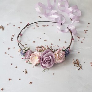 Lilac blush floral crown Wedding lavender pink flower headpiece Bridal lilac spring hairpiece Flower girl halo image 6