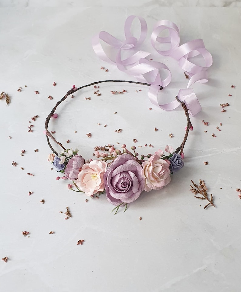 Lilac blush floral crown Wedding lavender pink flower headpiece Bridal lilac spring hairpiece Flower girl halo image 6