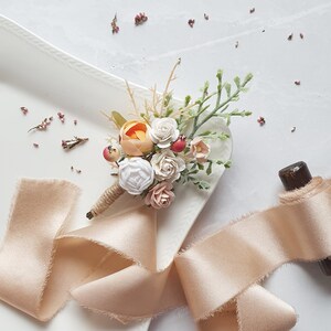 Pale peach blush boutonniere Boho groom flowers Burnt orange woodland wedding buttonhole image 3