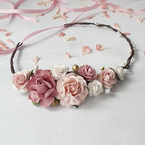 Dusty pink blush baby flower crown Dusty rose flower girl crown Сommunion flower headband Wedding headpiece Baby photoshoot crown