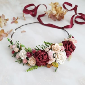Boho burgundy blush crown Wedding flower crown Fall headpiece Bridal photoshoot Floral hairpiece