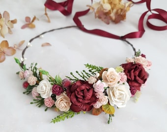 Boho burgundy blush crown Wedding flower crown Fall headpiece Bridal photoshoot Floral hairpiece
