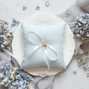 Blue wedding ring pillow Natural linen ring holder Bearer pillow Ring cushion Bridal gift image 1