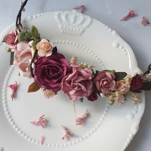 Bourgogne rose poussiéreuse couronne fleur rose poussiéreux coiffe florale mariage image 1