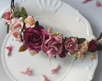 Bourgogne rose poussiéreuse couronne fleur rose poussiéreux coiffe florale mariage