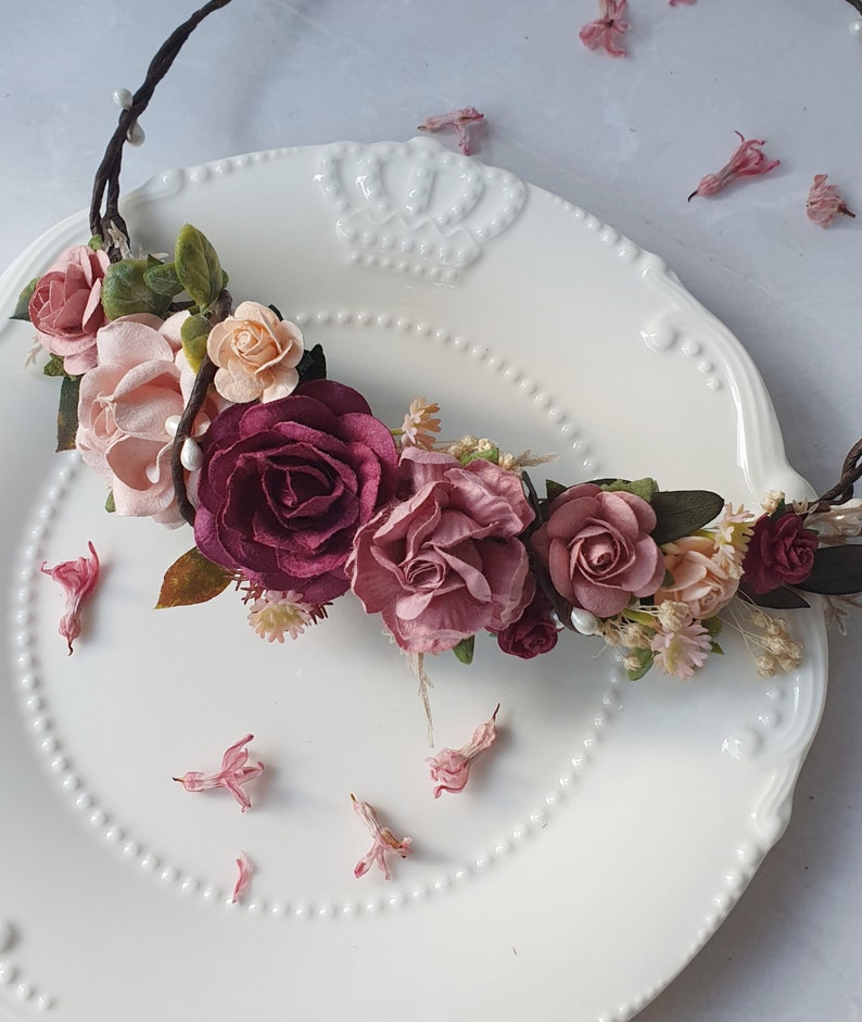 Bourgogne rose poussiéreuse couronne fleur rose poussiéreux coiffe florale mariage image 1