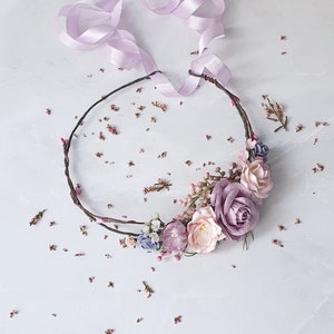 Lilac blush floral crown Wedding lavender pink flower headpiece Bridal lilac spring hairpiece Flower girl halo image 5