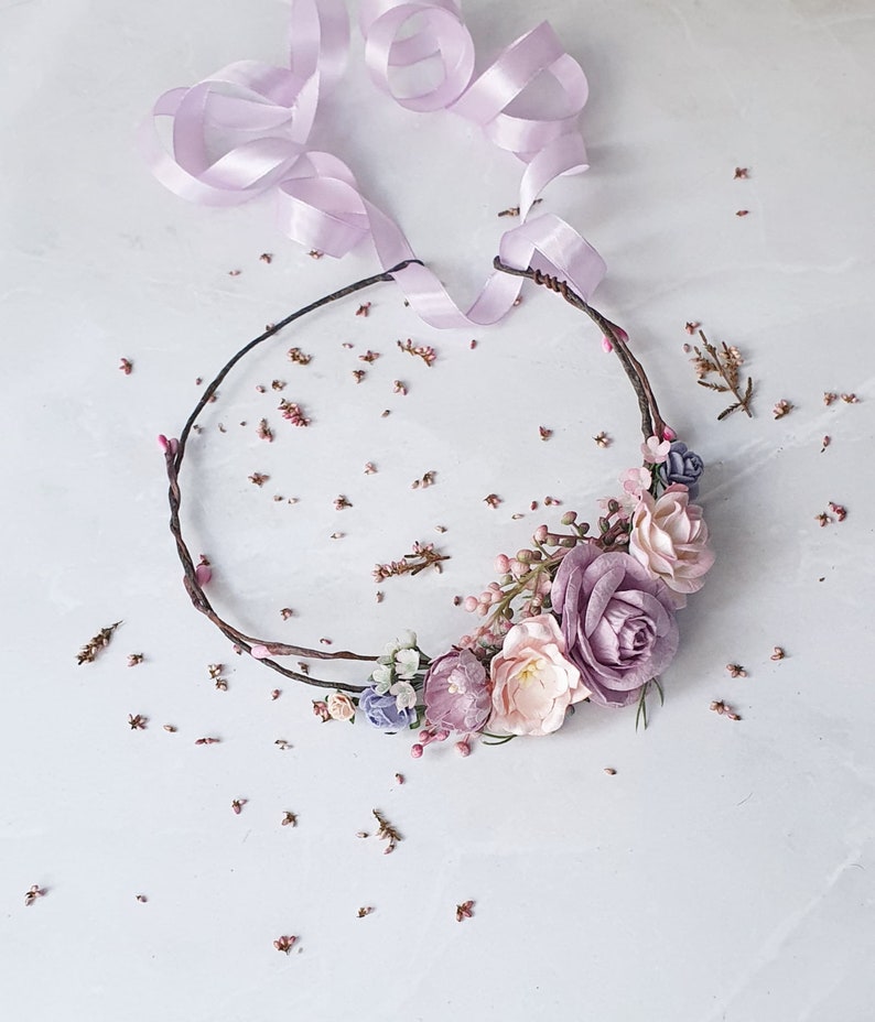 Lilac blush floral crown Wedding lavender pink flower headpiece Bridal lilac spring hairpiece Flower girl halo image 5