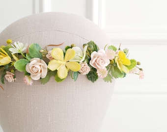 Soft yellow blush green boho flower crown Photoshoot maternity headpiece Woodland elven hairpiece Flower girl spring tiara