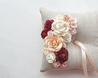 Wedding ring pillow Burgundy blush fall ring holder Bearer pillow pale peach Linen ring holder Engagement box Wedding flower accessories